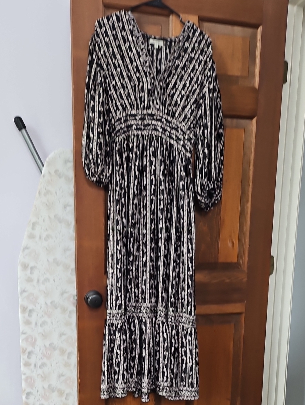Max Studio Dark Brown and White Patterned V-Neck Maxi Dress